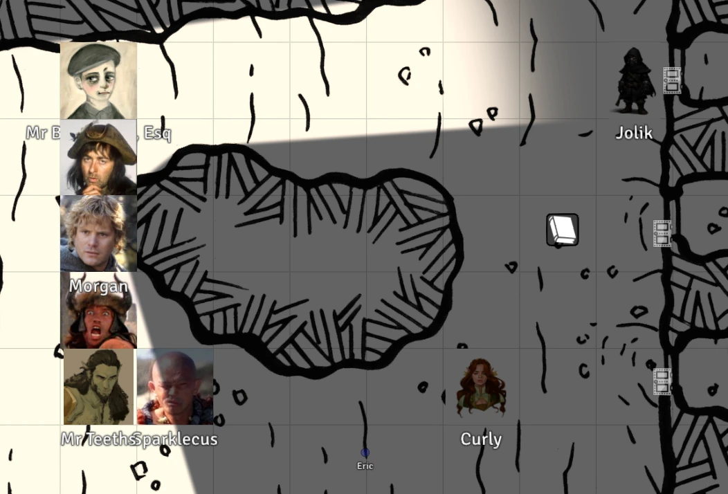 A screenshot from FoundryVTT showing most of the party hiding behind a rock formation with one PC standing in front of a door and the other around the corner